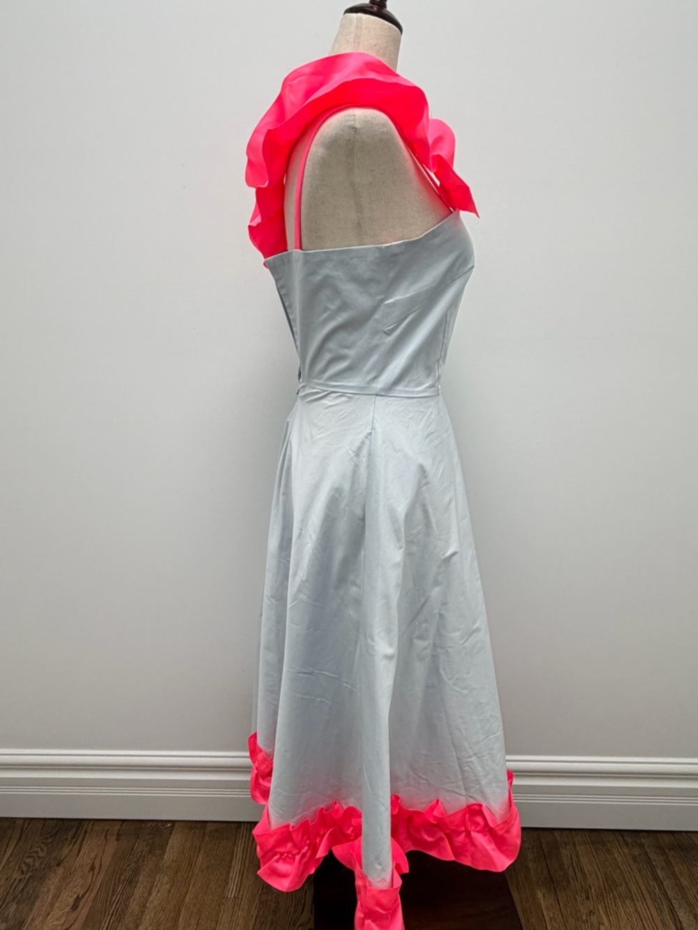 Paskal Ruffled Satin Trimmed Stretch Cotton Poplin Blue Pink Midi Dress X-Small - Picture 9 of 12